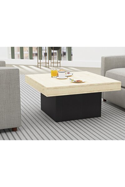 Mahmayi Modern Square Coffee Table – Natural Oak & Black, Durable, Space-Saving, Easy to Maintain