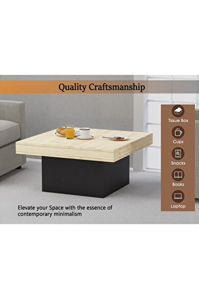 Mahmayi Modern Square Coffee Table – Natural Oak & Black, Durable, Space-Saving, Easy to Maintain