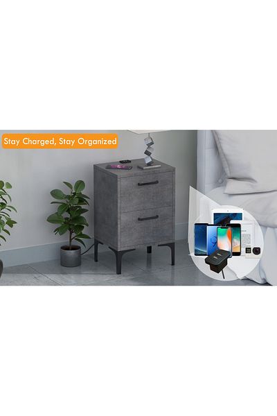 Mahmayi Modern End Table w/ USB Ports, Soft-Close Drawers, Easy Assembly - Anthracite Metal