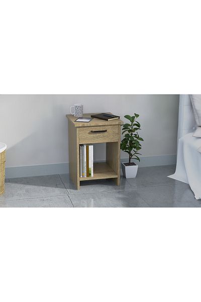 Mahmayi Grey Oak Night Stand w/ Drawer & Open Shelves - Perfect for Bedroom & Living Room