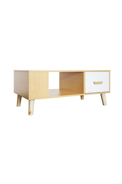 Mahmayi H302 Modern Coffee Table with Drawers & Shelf - Walnut White, for Living Room/Office