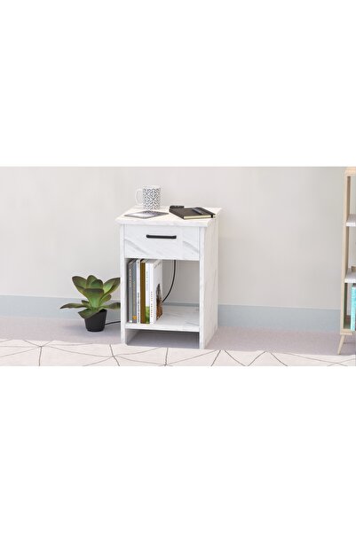 Mahmayi Modern White Marble Nightstand w/ USB Ports, Drawer & Shelves - Easy Assembly, Versatile Use