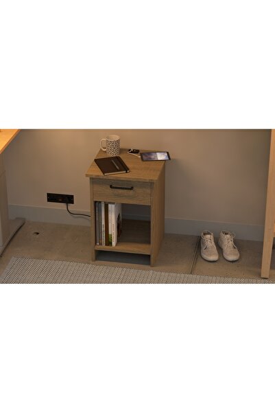 Mahmayi Grey Oak Night Stand with USB Ports, Open Shelves, Drawer & Easy Assembly