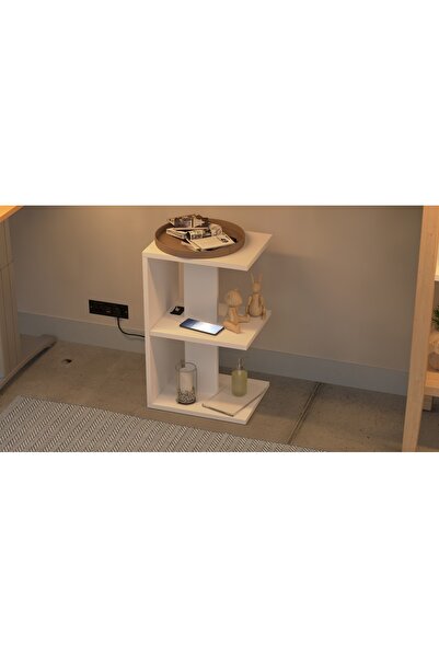 Mahmayi E-Shape Night Stand with USB Ports & 3 Open Shelves - Easy Assembly, Lightweight, White