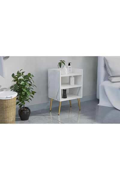 Mahmayi Modern Nightstand, 3 Open Shelves, Versatile Side Table for Bedroom/Living Room - White