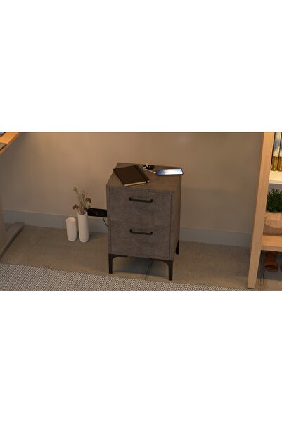 Mahmayi Modern End Table w/ USB Ports, Soft-Close Drawers, Easy Assembly - Anthracite Metal