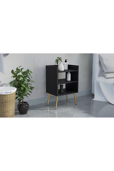 Mahmayi Modern Black Nightstand with 3 Open Storage Shelves - Versatile and Easy to Assemble