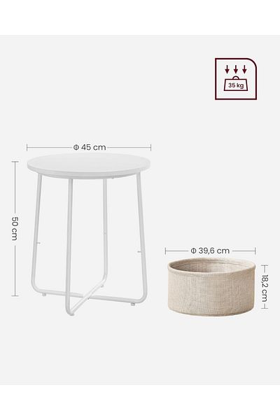 Mahmayi VASAGLE Modern Round Side Table with Fabric Basket, Easy Assembly, Sturdy, White and Beige
