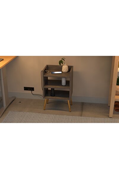 Mahmayi Modern Night Stand Table with USB A/C Ports, 3 Open Shelves - Anthracite, Easy Assembly