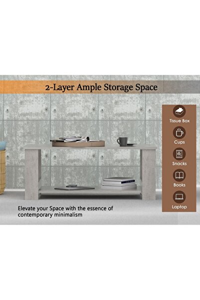 Mahmayi Modern Coffee Table with 2-Tier Storage - Durable, Space-Saving, Light Grey Concrete