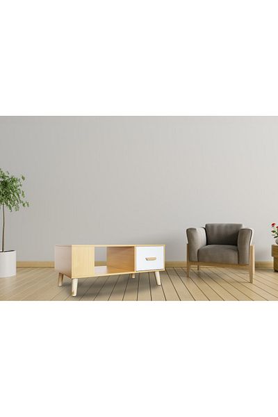 Mahmayi H302 Modern Coffee Table with Drawers & Shelf - Walnut White, for Living Room/Office