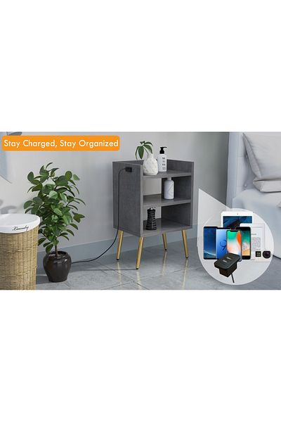 Mahmayi طاولة جانبية حديثة مع منافذ USB/A/C و3 أرفف مفتوحة - لون أنثراسايت، سهلة التجميع