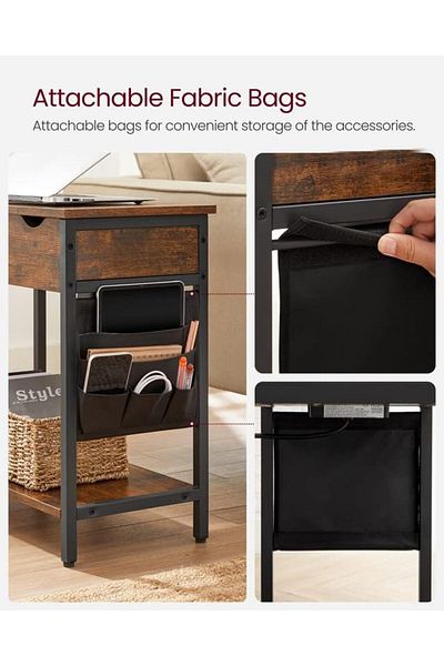 Mahmayi VASAGLE Rustic End Table w/ USB & Outlets, Storage Bags, Hidden Compartment, for Living Room/Bedroom