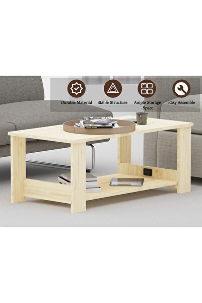 Mahmayi Modern Coffee Table with 2-Tier Storage & USB Port - Natural Davos Oak