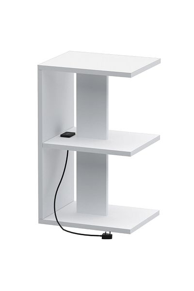 Mahmayi E-Shape Night Stand with USB Ports & 3 Open Shelves - Easy Assembly, Lightweight, White
