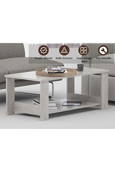 Mahmayi Modern Coffee Table with 2-Tier Storage - Durable, Space-Saving, Light Grey Concrete
