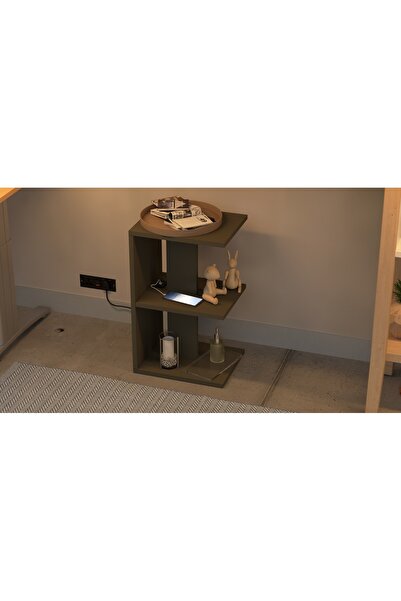 Mahmayi E-Shape Night Stand with USB Ports & 3 Shelves - Lava Grey, Easy Assembly, Lightweight