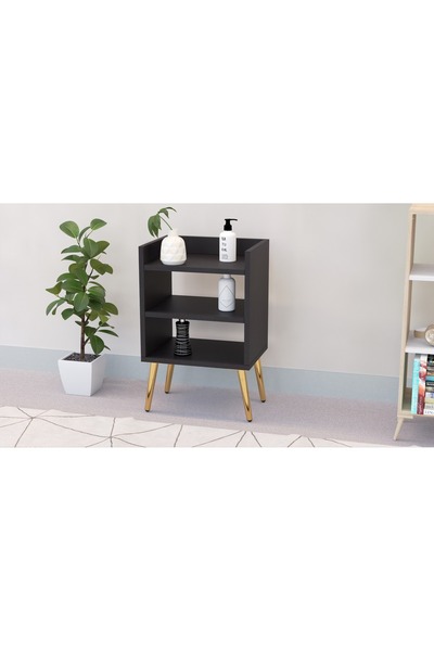 Mahmayi Modern Black Nightstand with 3 Open Storage Shelves - Versatile and Easy to Assemble