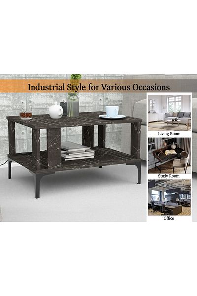 Mahmayi Modern Coffee Table with USB Port & Storage - Black Pietra Grigia for Home & Office