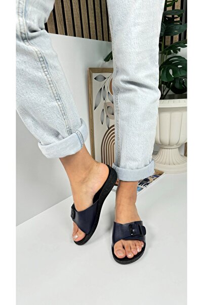 Nstil Daily Women's Navy Blue Slippers Buckle Heels Comfortable Soft Sole Oval Toe Shoes 323