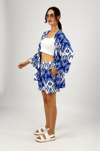 Betimoda Saks Blue 2 Piece Set - Lycra Wrapped Fabric, Loose Loose Shorts Summer Set