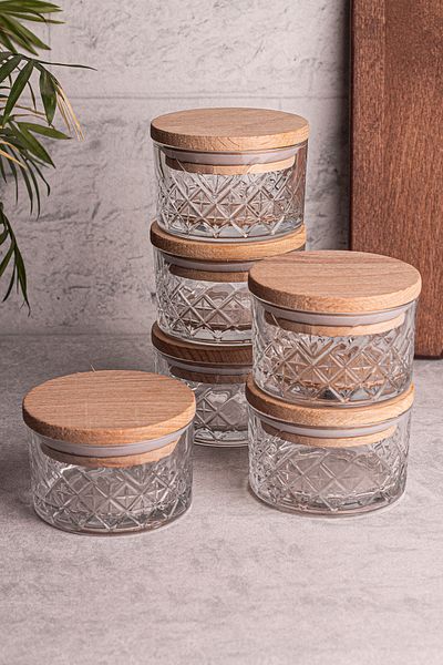 Snippy Milla Soft 6-Piece Wooden Vacuumed Glass Breakfast Multi-Purpose Glass Snack Bowl with Lid 230 ml