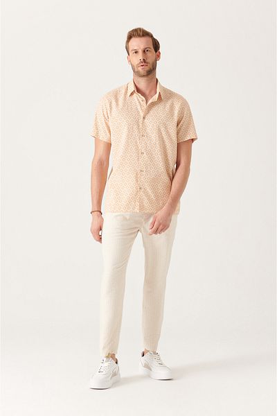 Avva Men's Beige Elastic Waisted Linen Trousers A21y3029