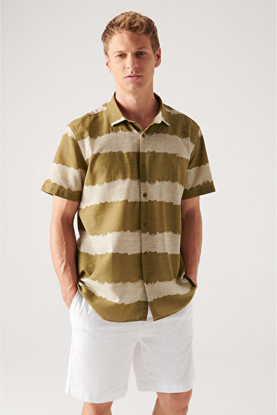Avva Men's Khaki Cotton Short Sleeve Shirt A21y2097