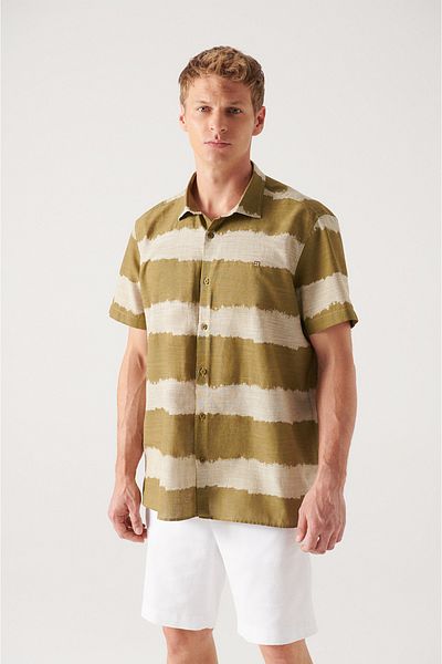 Avva Men's Khaki Cotton Short Sleeve Shirt A21y2097