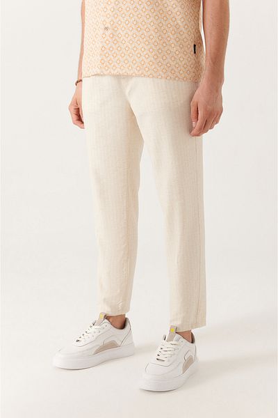 Avva Men's Beige Elastic Waisted Linen Trousers A21y3029