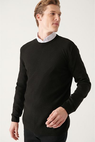 Avva Men's Black Crew Neck Front Textured Regular Fit Knitwear Sweater A22y5070