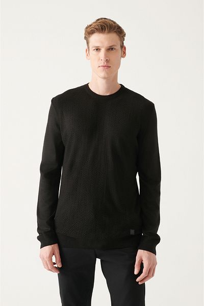 Avva Men's Black Crew Neck Herringbone Patterned Regular Fit Knitwear Sweater A22y5071