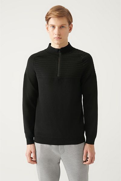 Avva Men's Black Half Zipper Stand Collar Knit Detailed Cotton Regular Fit Knitwear Sweater