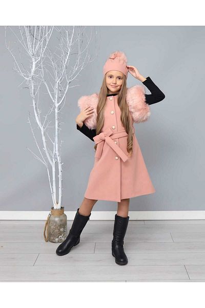 By Feyza Kids Collection Кашмирена рокля с копчета и кашмирена барета за момиче