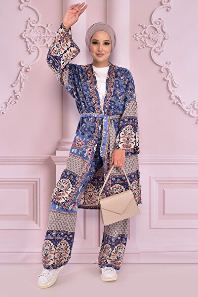 ModaMerve Blue Combination Belted - Nev14940