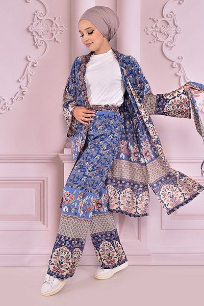 ModaMerve Blue Combination Belted - Nev14940