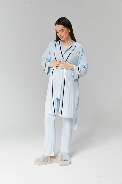 Lohussa Set de pijamale de vară pentru femei cu design special albastru - 100% bumbac, set de 3, halat de maternitate și de maternitate
