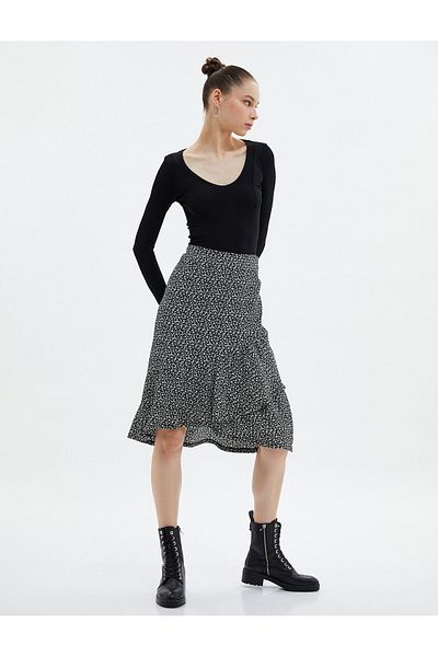 Koton Midi Floral Skirt Double Breasted Asymmetrical Ruffles Relaxed Cut