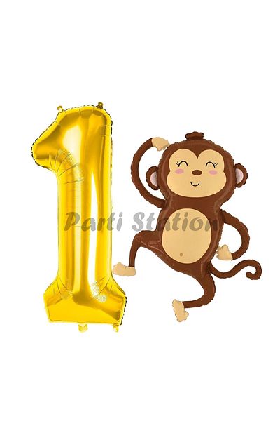 Parti Station 1 Year Old Cute Safari Monkey Balloon Set - Gold Figure