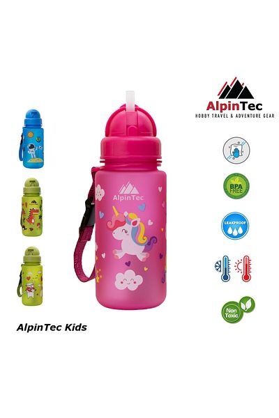 AlpinTec 400 ml Pink Unicorn Tritan Children's Water Bottle - with Straw
