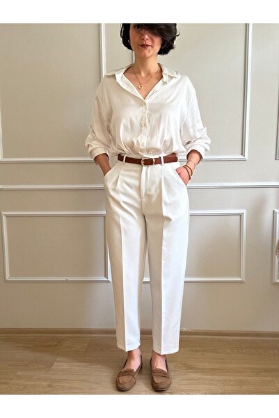 nidistore Kirli Beyaz Kemerli Pileli Tok Kumaş Havuç Pantolon
