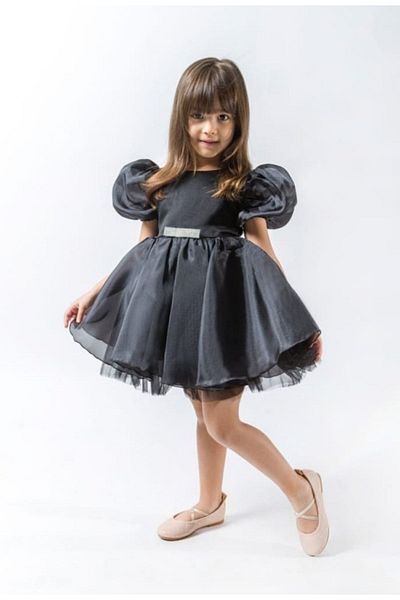 Nehirim Kids Tulle and Satin Girl's Summer Black Birthday Wedding Special Occasion Dress (Age 2-3-4-5)