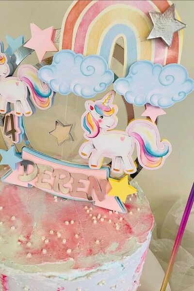 caketopper Unicorn Gökkuşağı Temalı Kız Çocuk Kişiye Özel Doğum Günü Pasta Pa...