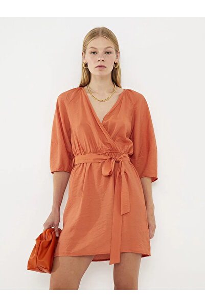 LC Waikiki Lcw Vision Matte Orange Women's V-Neck Straight Dress