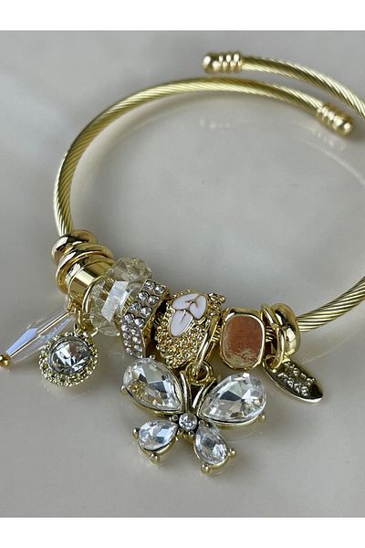 Poison Accessories ’S Model Gold Color Butterfly Detailed White Stone Steel Bracelet