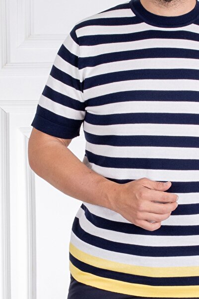 Sarar Інтерв'ю Sarar O Yaka 100% бавовна смугаста темно-синя тонкий трикотаж футболка