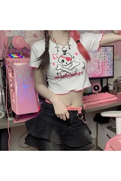 DarkellaStore Μπλουζάκι Lolita Harajuku Skull με κοντό μανίκι σε ροζ χρώμα