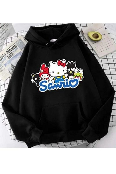 MODARİCH Hanorac negru supradimensionat cu glugă Sawlio cu model Hello Kitty