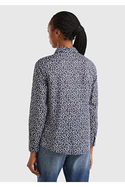 United Colors of Benetton Kadın Lacivert %100 Koton Desenli Gömlek