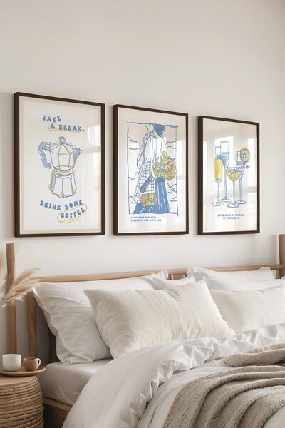 Postifull Set de pictură minimalistă, 3 bucăți cadru negru și poster - dormitor, sufragerie, decor de perete pentru bucătărie